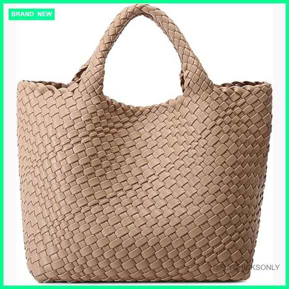 Handbags - Vegan Leather Tote Shoulder Bag with Clutch, Faux Leather Woven Handbag
